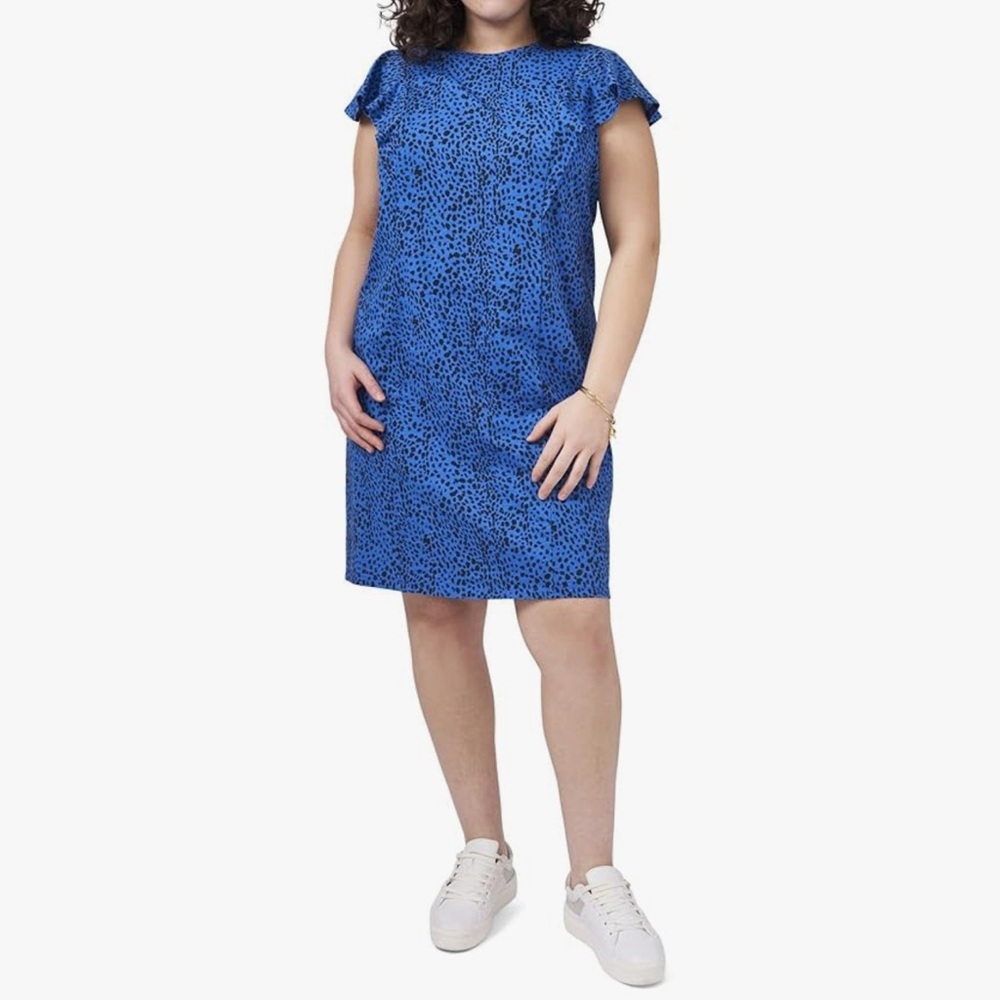 Vince Camuto Animal Print ruffled midi Shift Dress santorini blue 1X